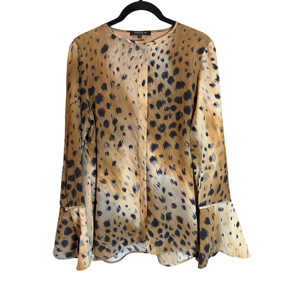 Lafayette 148 New York Silk Animal Print Bell Cuff Blouse Tan Black Small